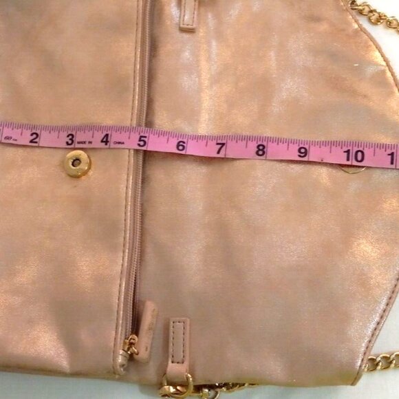 Express Fold-Over Clutch Purse Gold Pink Shoulder Chain Zip Snap Closure - Picture 11 of 16